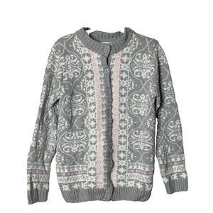 Vintage Women's Cottagecore Grandma Nordic Button Cardigan L Gray Cream Pink